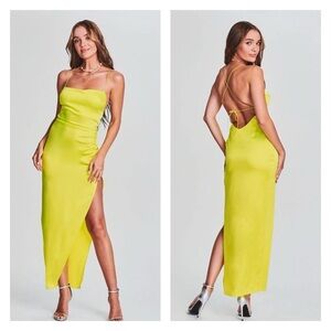 SEROYA Celino Neon Lime Green Backless High Slit Maxi Slip Dress XL NWT